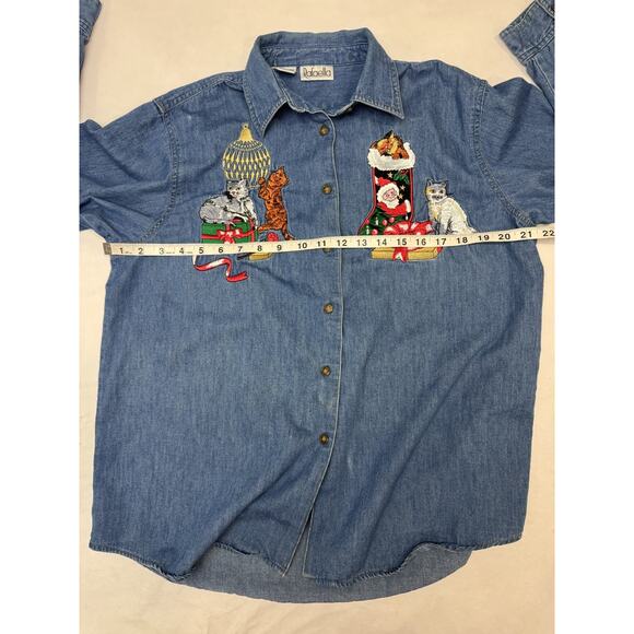 Vintage Chambray Christmas Embroidered Holiday Santa Cats Stocking Women Medium - Picture 4 of 9